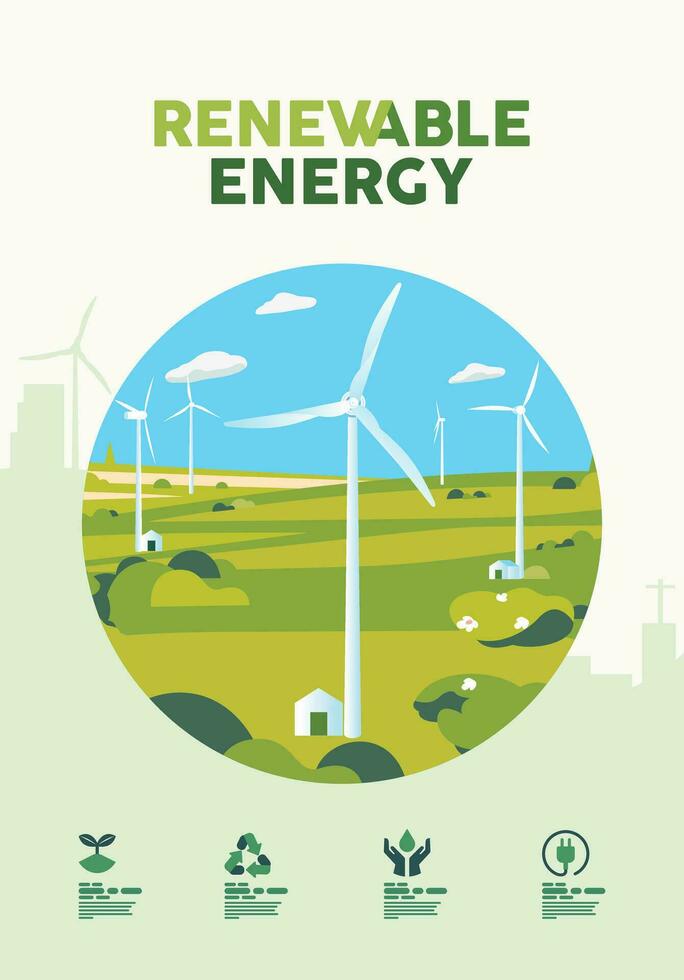 Green hills nature landscape, environment, field, meadows, ecology, renewable alternative energy, wind turbine poster banner concept vector