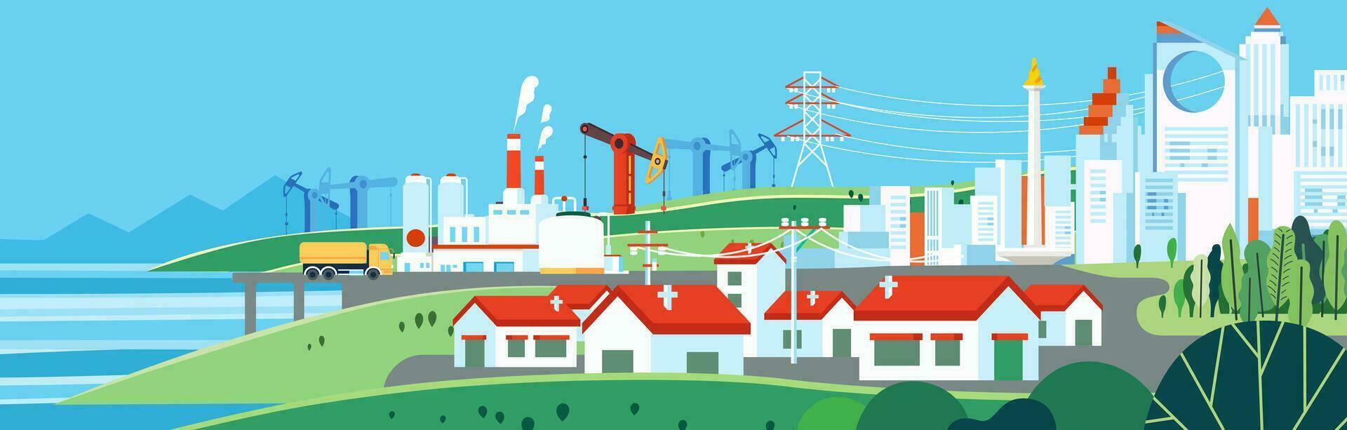 paisaje varios energía industrias gas, petróleo plataforma, eléctrico alternativa fábrica transmitir distribución electricidad suministro a poder el ciudad, asentamiento y alojamiento zona vector