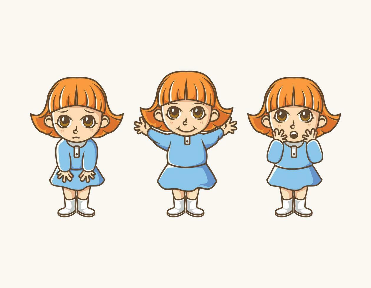 set of little girl wearing blue dress illustration with different facial expression vector