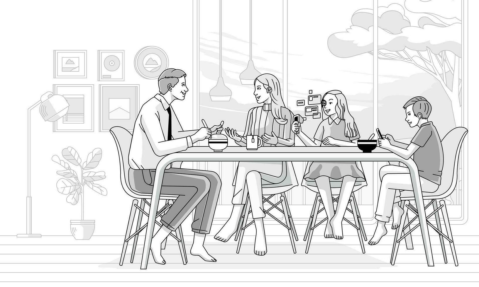 moderno familia padre, madre, hijo y hija teniendo desayuno a mesa a hogar, línea estilo, negro y blanco color vector