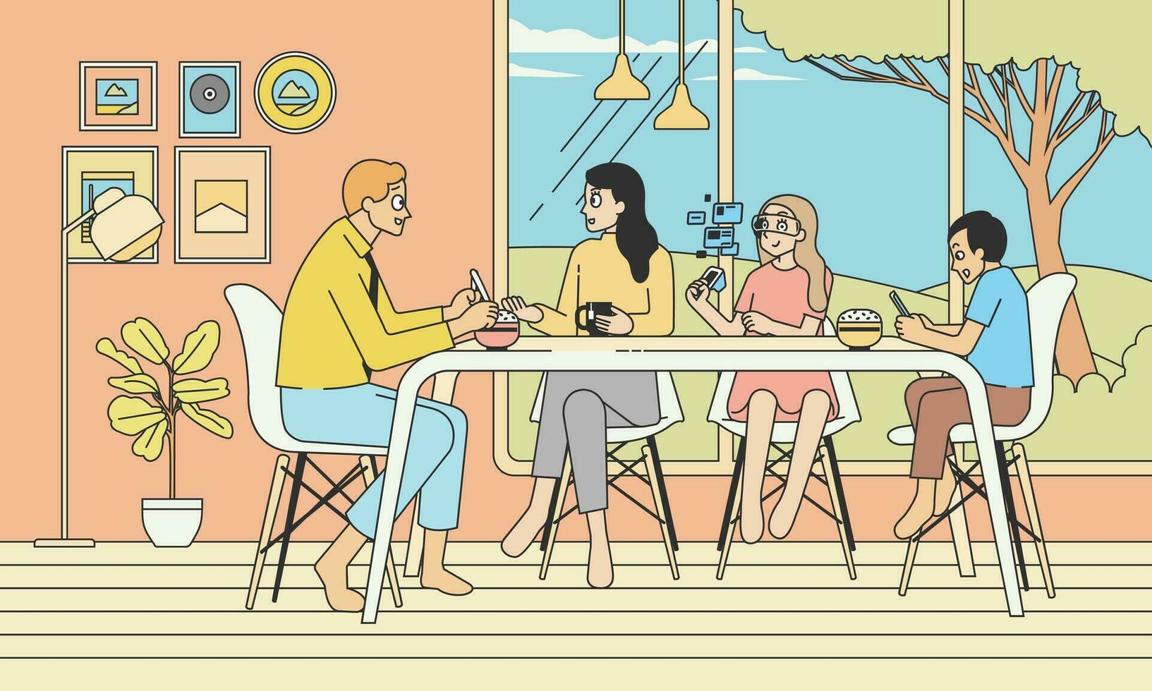 a family having breakfast together at the dining table with big window showing a courtyard with trees and hills with clear skies vector illustration