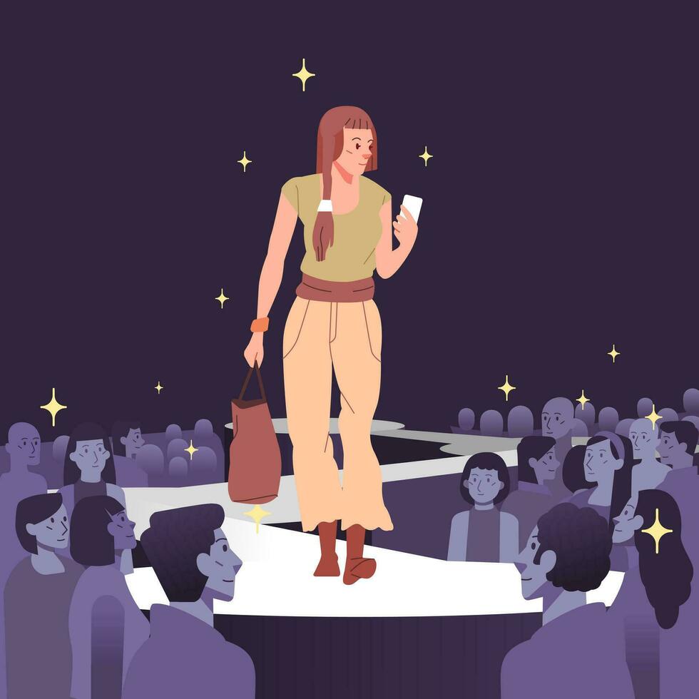 Fashion models showing represent new clothes outfit trendy modern stylish woman walking posing on catwalk ramp stage runway. Audience crowd watching vector