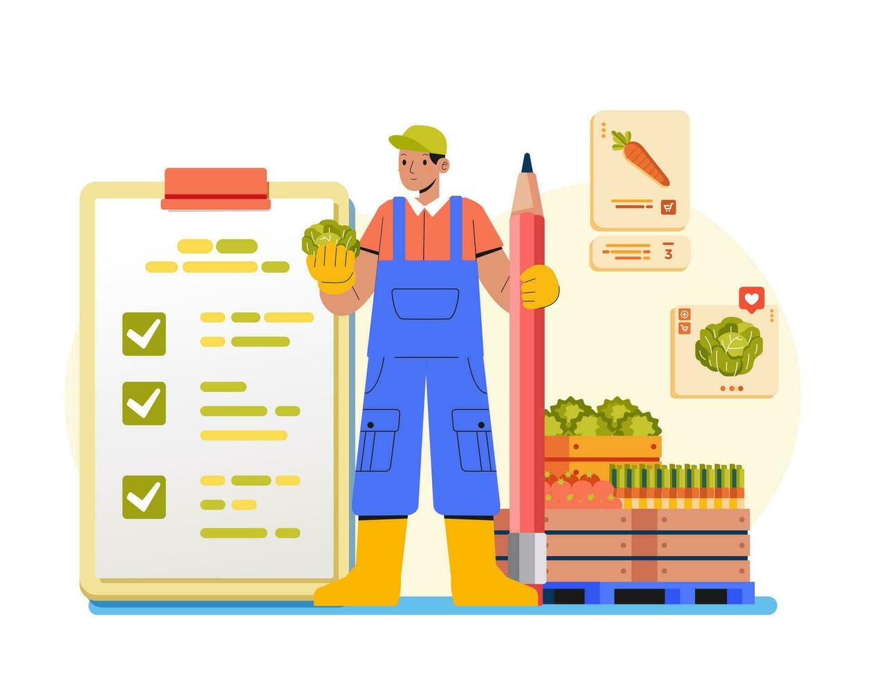 Modern farmer man with marked checklist on clipboard Successful completion of tasks sale target Flat vector illustration