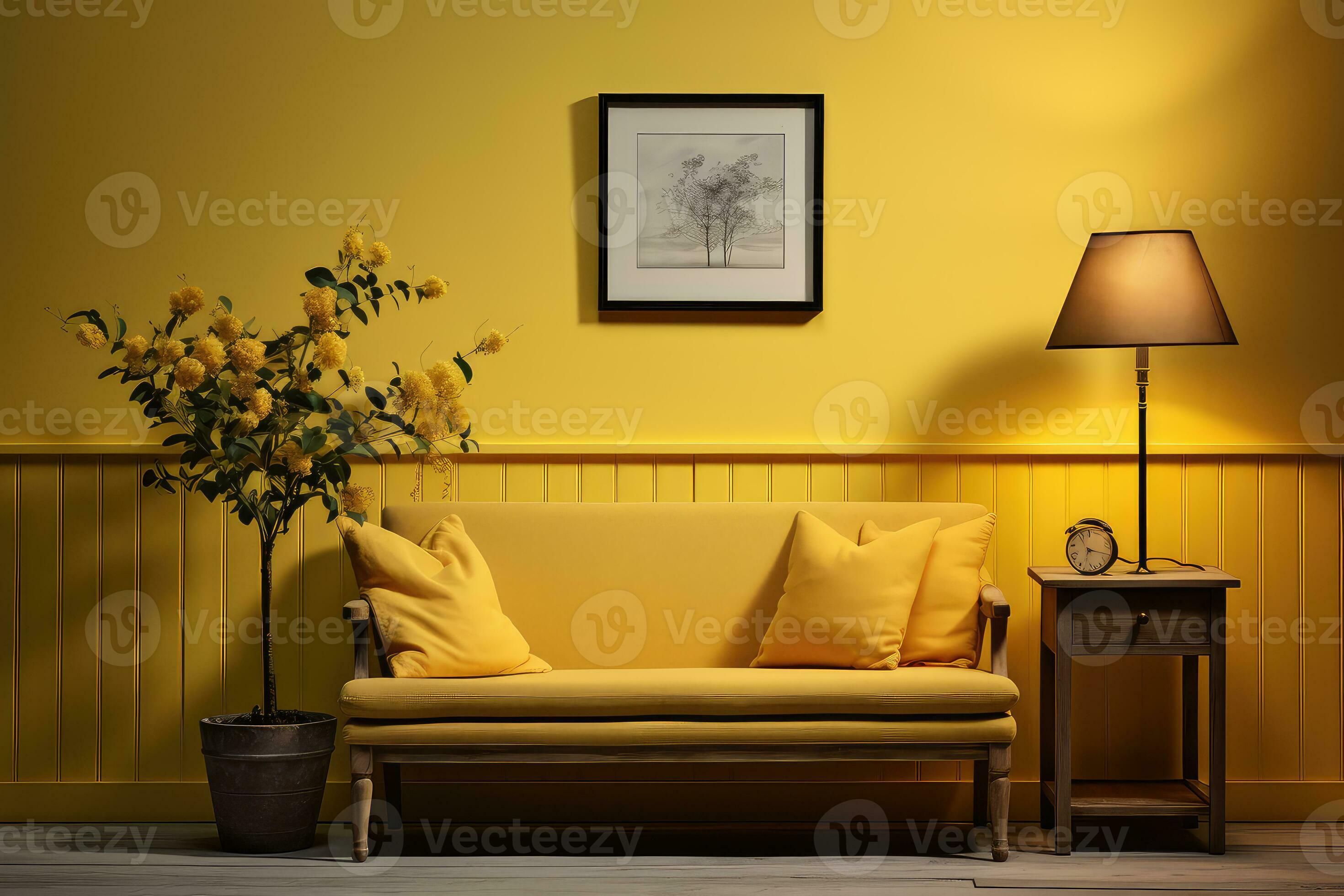 Modern home interior design yellow wooden bench, table lamp, frame on