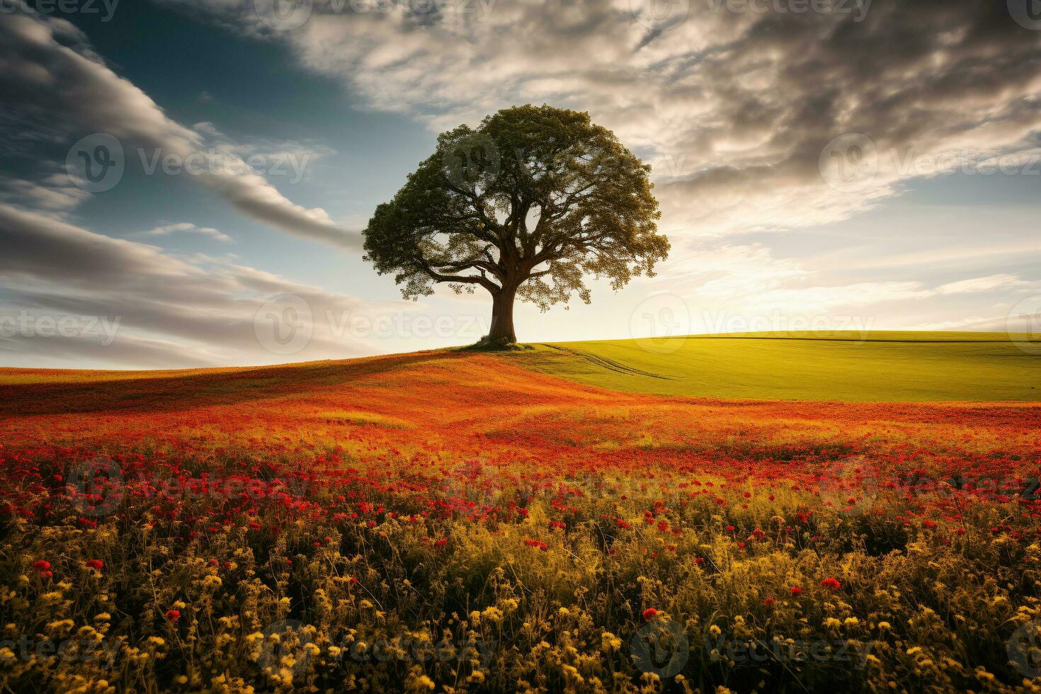 A huge tree with fresh green leaves on a  meadow and blooming flowers field with white clouds on blue sky. photo