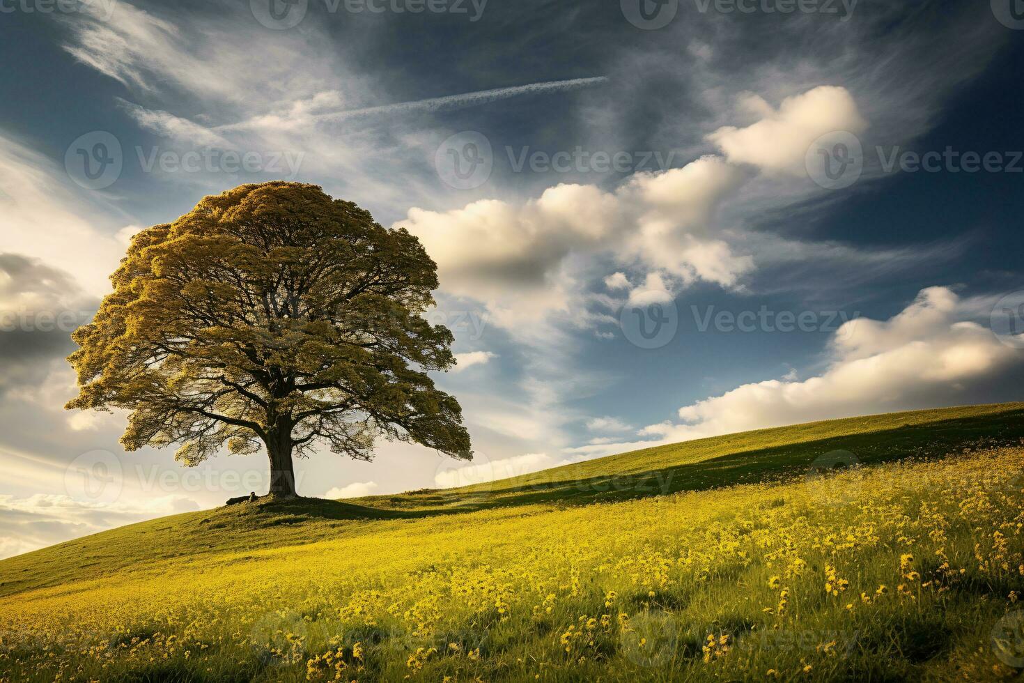 A huge tree with fresh green leaves on a  meadow and blooming flowers field with white clouds on blue sky. photo