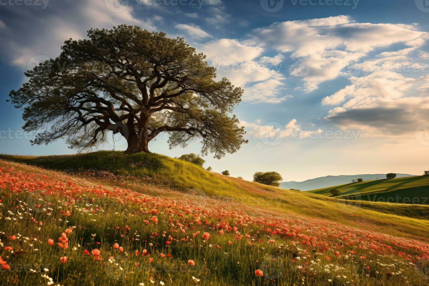 A huge tree with fresh green leaves on a  meadow and blooming flowers field with white clouds on blue sky. photo