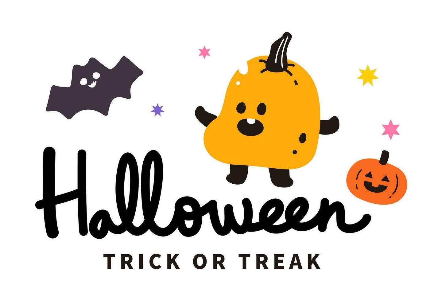 Cute cartoon character for Happy halloween. pumpkin, bat, magic. Text Halloween vector