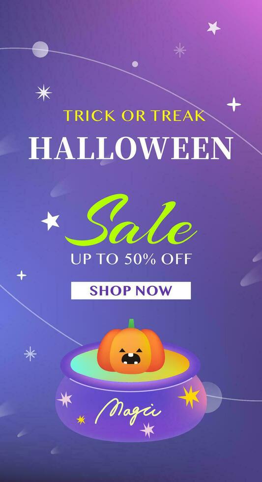 Halloween flat sale marketing poster template. pumpkin, magic, social media, packaging, banner, color starry sky vector