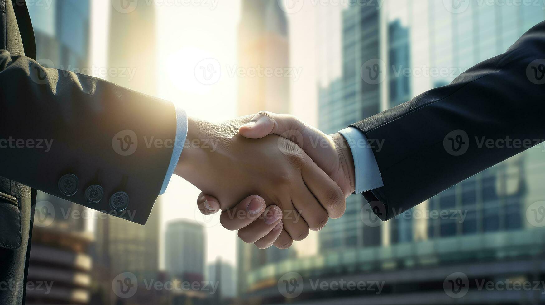 Businessman making handshake in the city, business etiquette, congratulation, merger and acquisition concepts. Successful businessmen handshaking after good deal. AI Generated photo