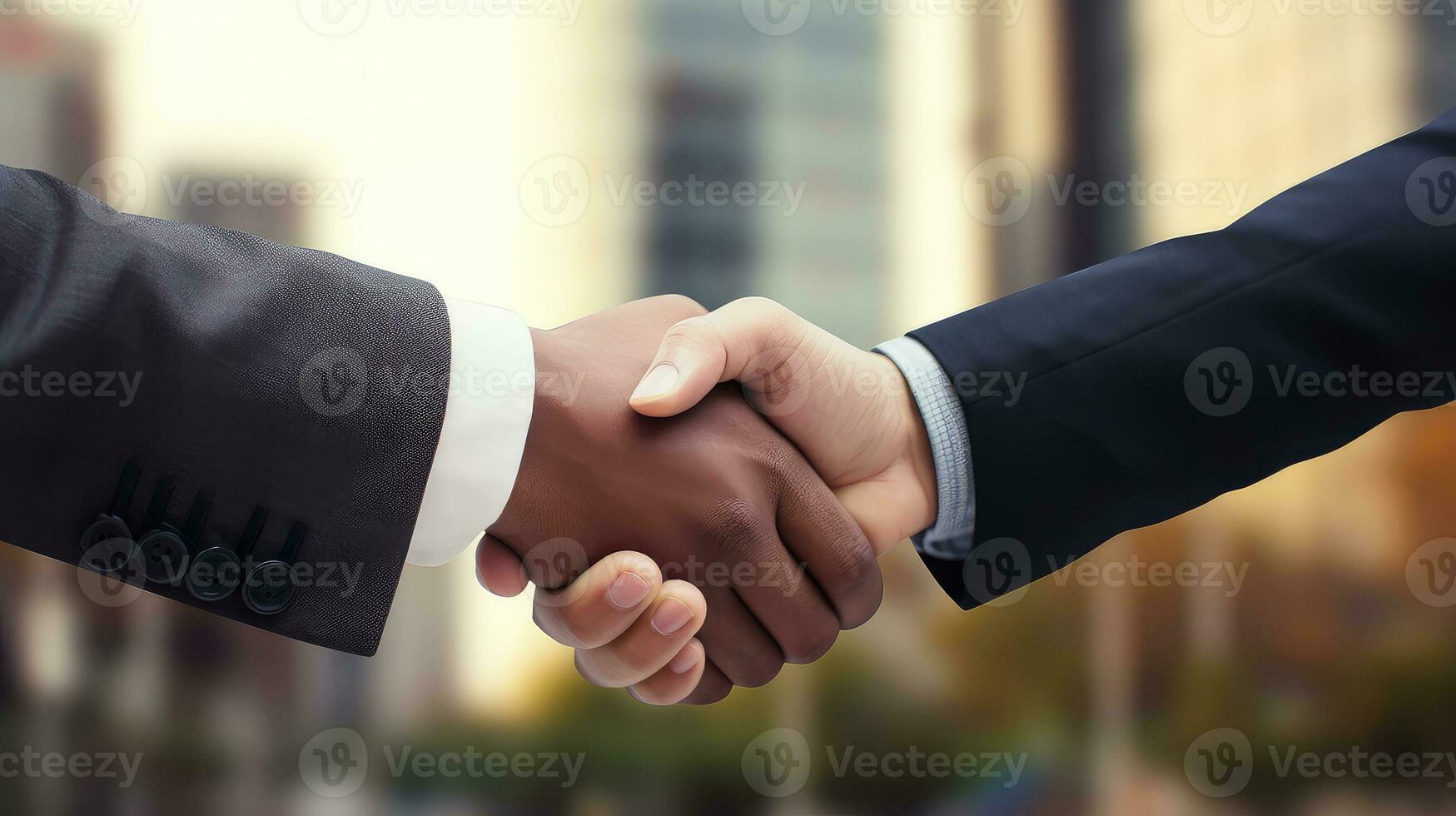 Businessman making handshake in the city, business etiquette, congratulation, merger and acquisition concepts. Successful businessmen handshaking after good deal. AI Generated photo