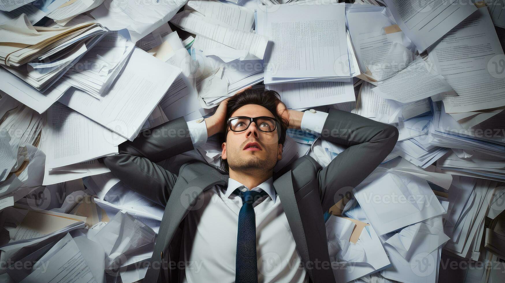 Occupation concept. The Accountant was lying on the floor with pile of documents and paper around him. Overloaded with work. Very tired. AI Generated photo