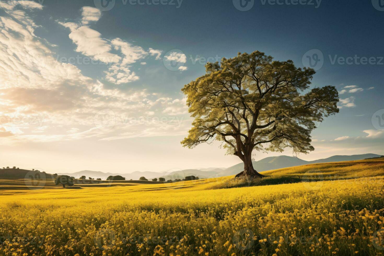 A huge tree with fresh green leaves on a  meadow and blooming flowers field with white clouds on blue sky. photo