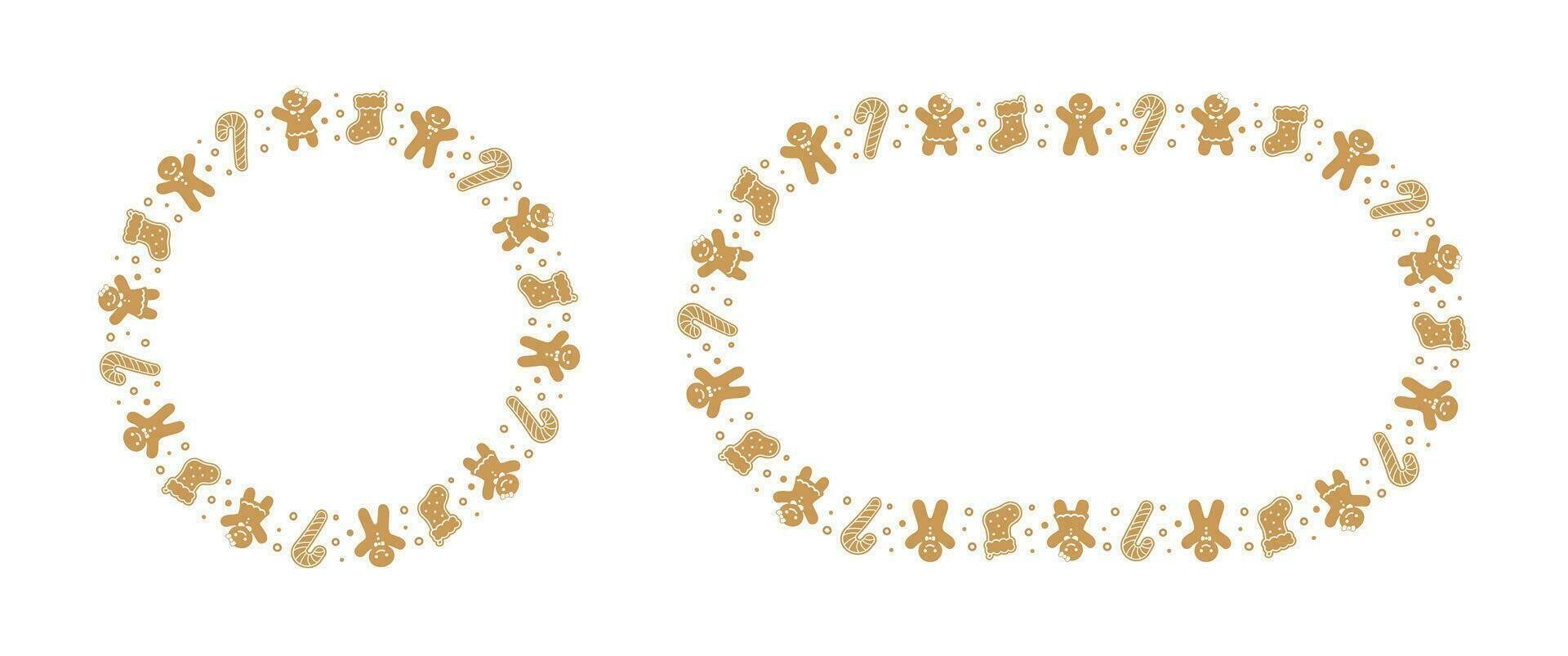 Round Gingerbread Cookies Frame Border Set, Christmas Winter Holiday Graphics. Homemade sweets pattern, card and social media post template on white background. Isolated vector illustration.