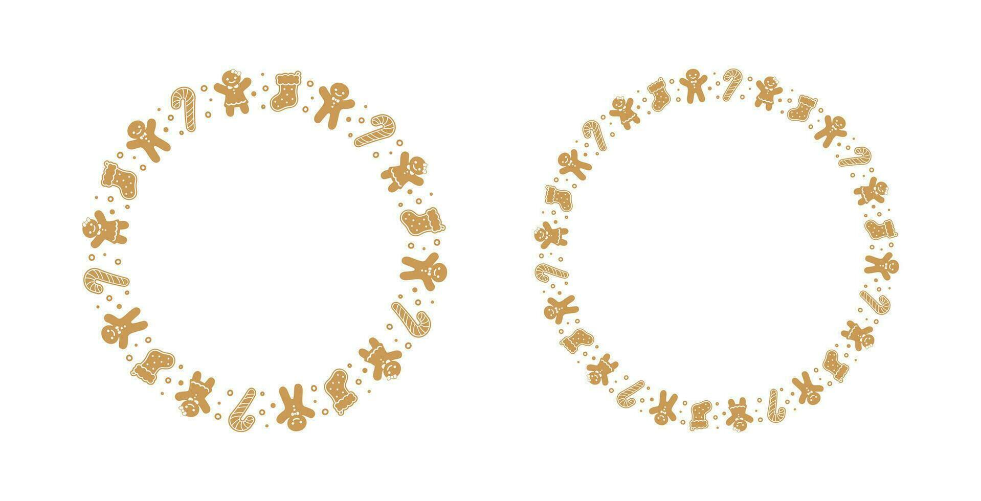 Round Gingerbread Cookies Frame Border Set, Christmas Winter Holiday Graphics. Homemade sweets pattern, card and social media post template on white background. Isolated vector illustration.