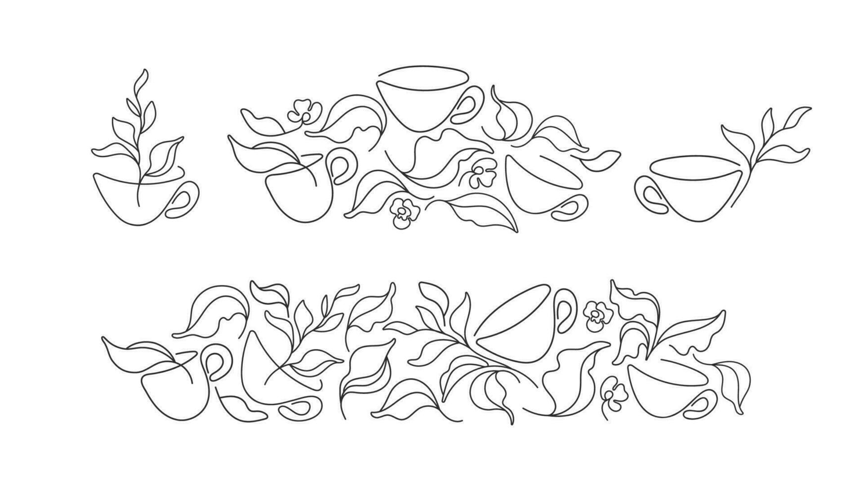 Tea leaves and cup Single line, herbal set, border vector