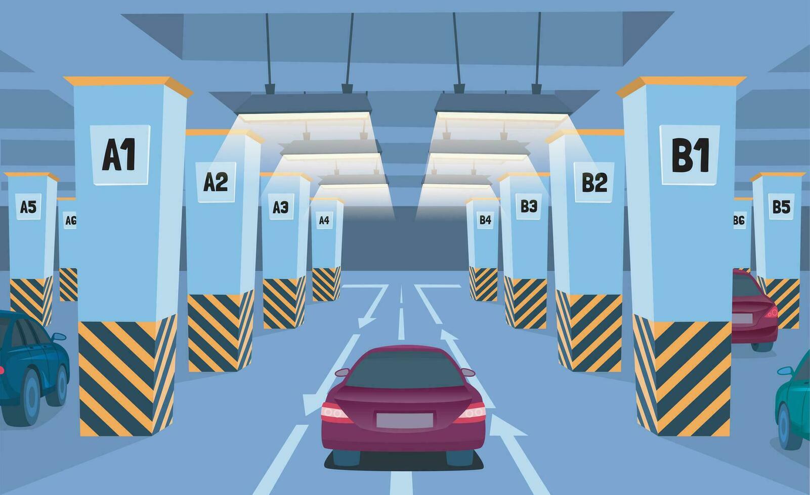 Cartoon Color Underground Car Parking Inside Concept. Vector