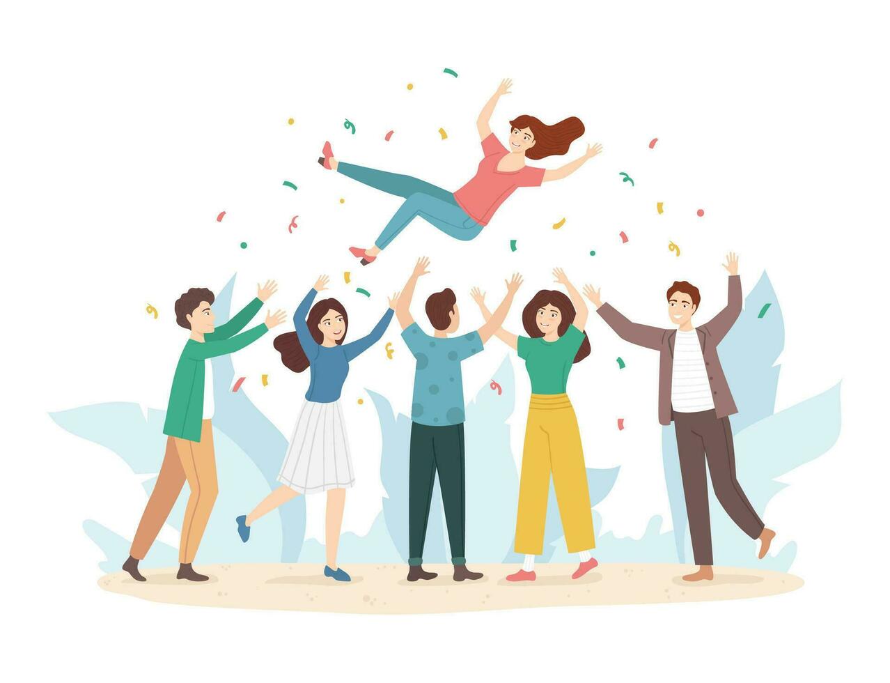 Cartoon Color Characters Tossing Air People Group Team Success or Achievement Concept Flat Design Style. Vector illustration