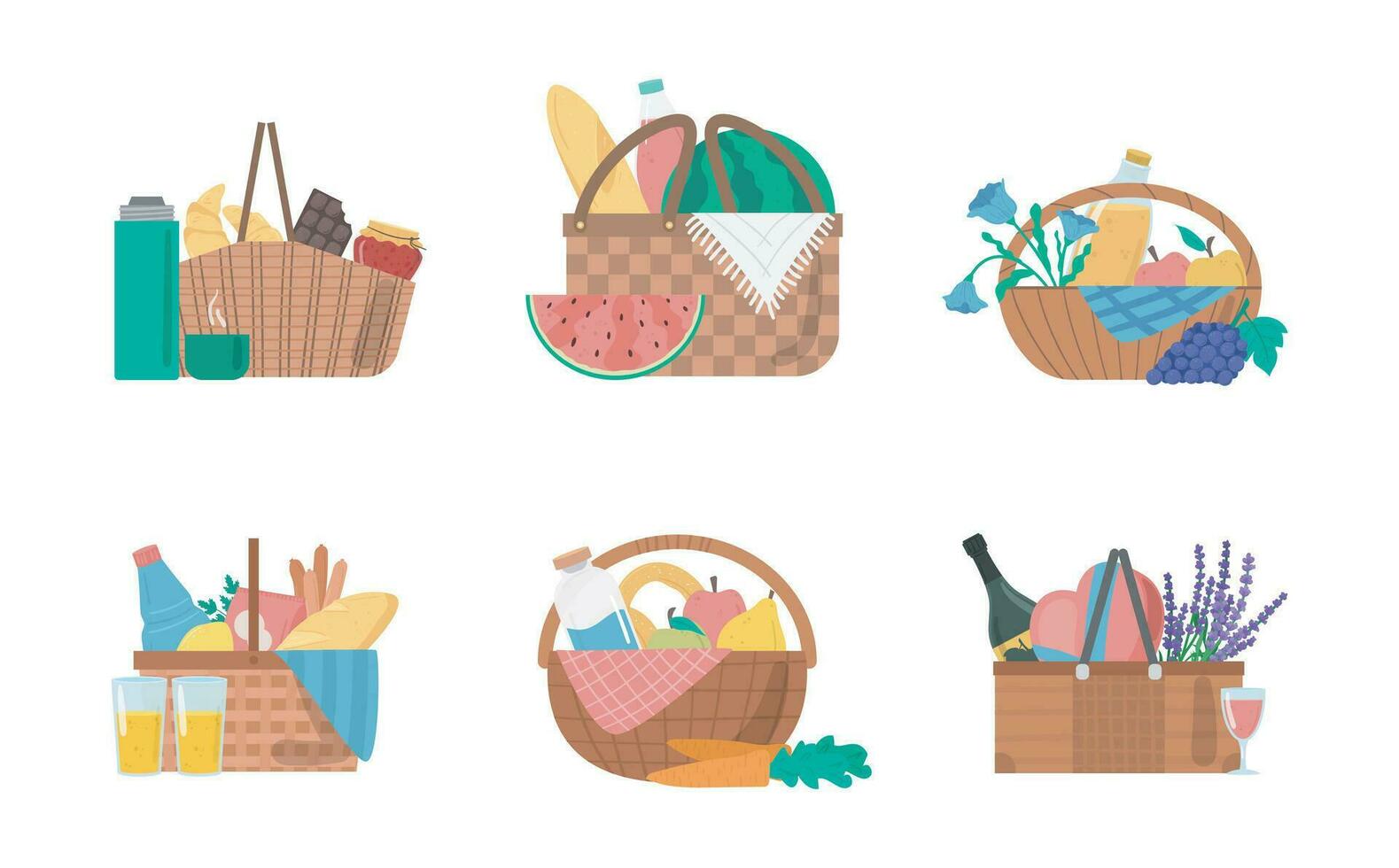 Cartoon Color Different Picnic Baskets Icons Set. Vector