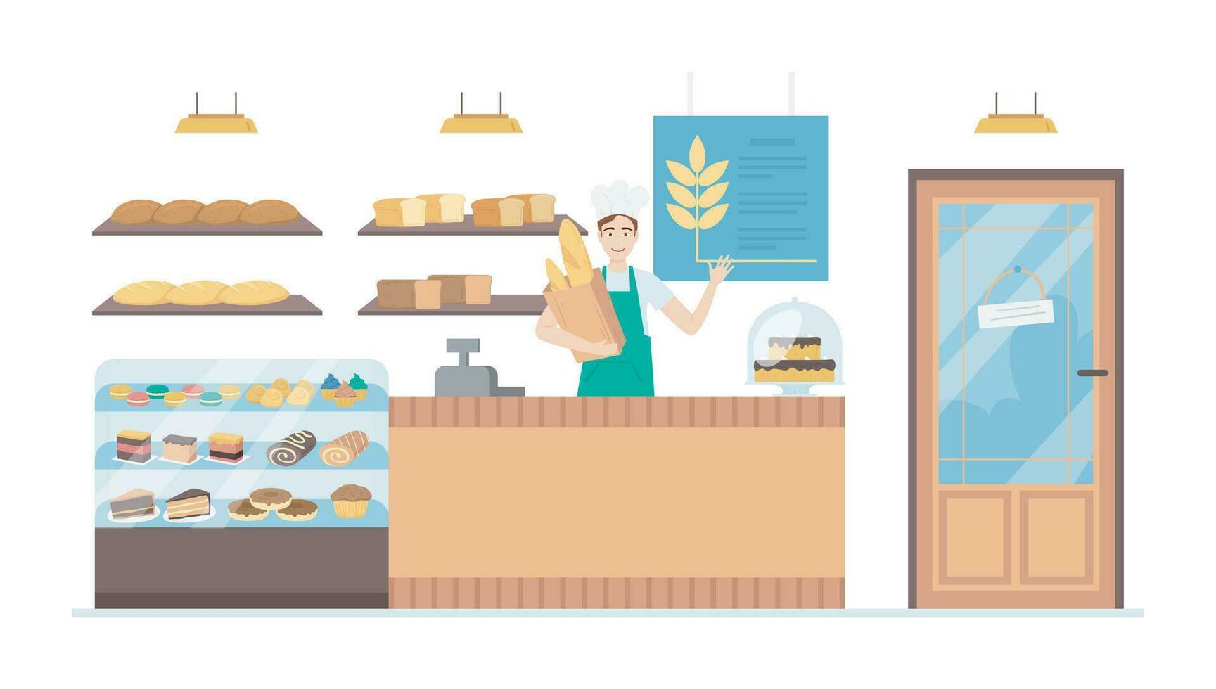 Cartoon Color Character People Man and Bakery Interior Concept. Vector