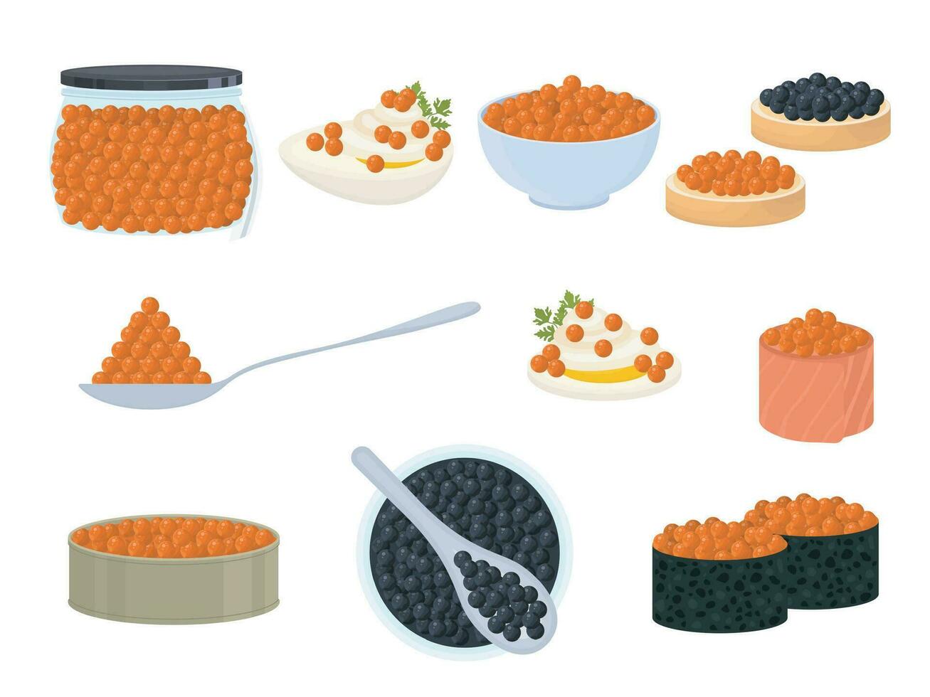 Cartoon Red and Black Caviar Icons Set. Vector