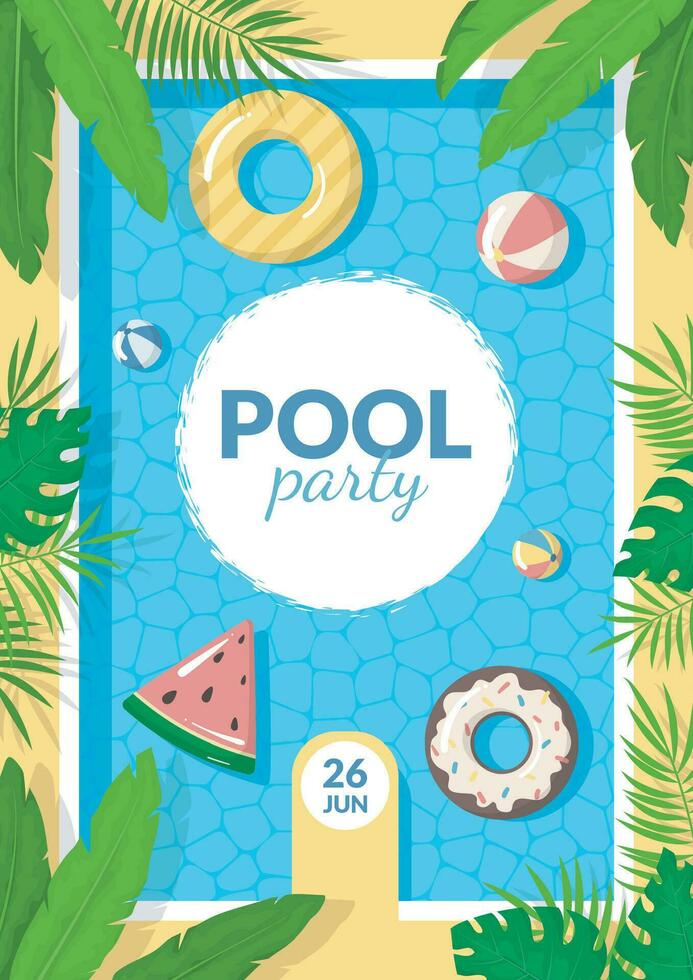 Cartoon Color Summer Pool Party Concept Template Poster Banner Card Set. Vector