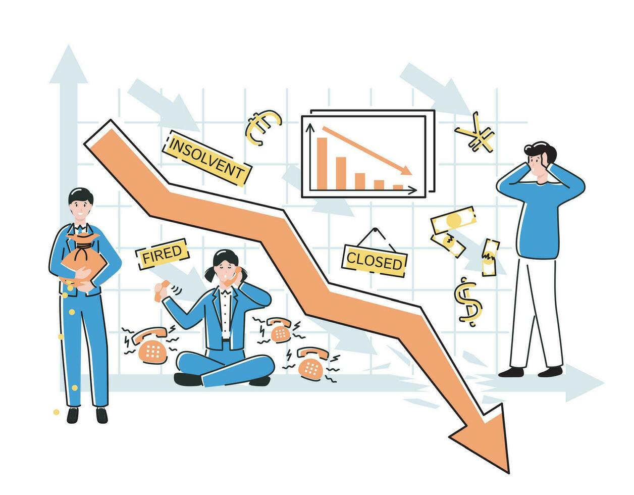 Cartoon Color Characters People and Economic Decline Crisis Concept. Vector