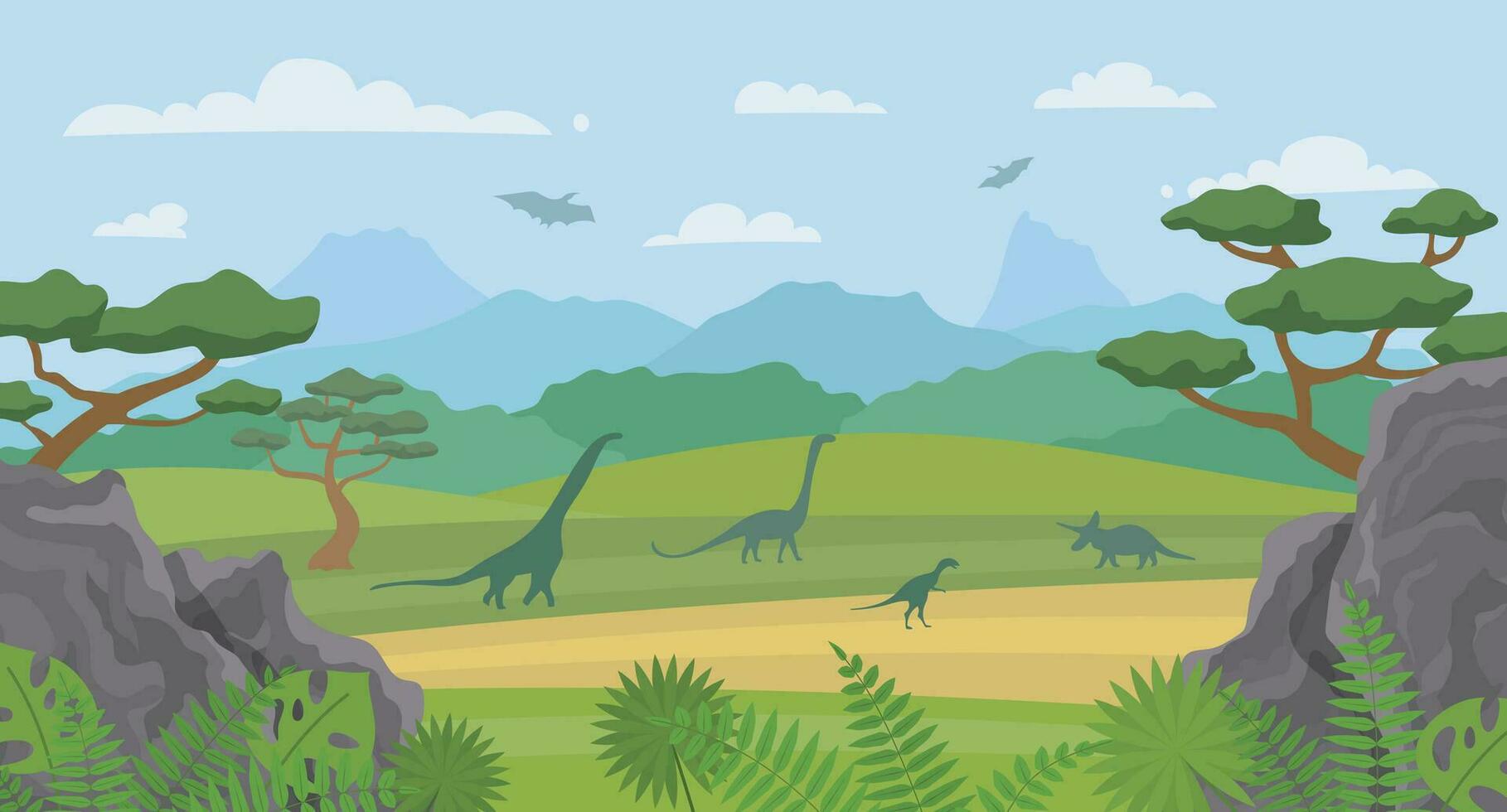 Cartoon Color Dinosaurs and Landscape Scene Concept. Vector