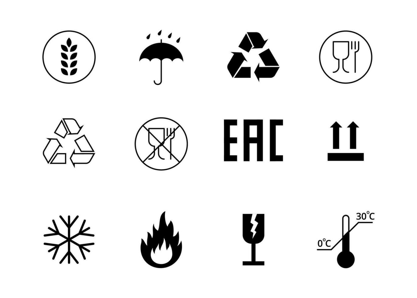 Packaging Symbols Black Thin Line Icons Set. Vector