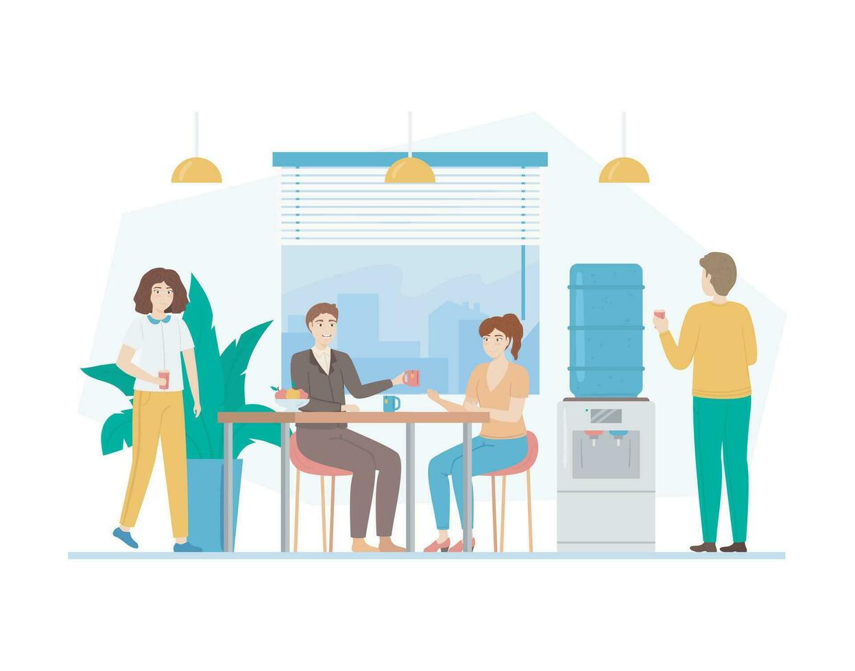 Cartoon Color Characters People and Lunch Time in Office Concept. Vector