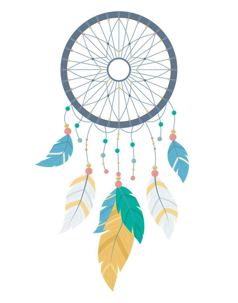 Cartoon Color Dreamcatcher with Different Feathers. Vector