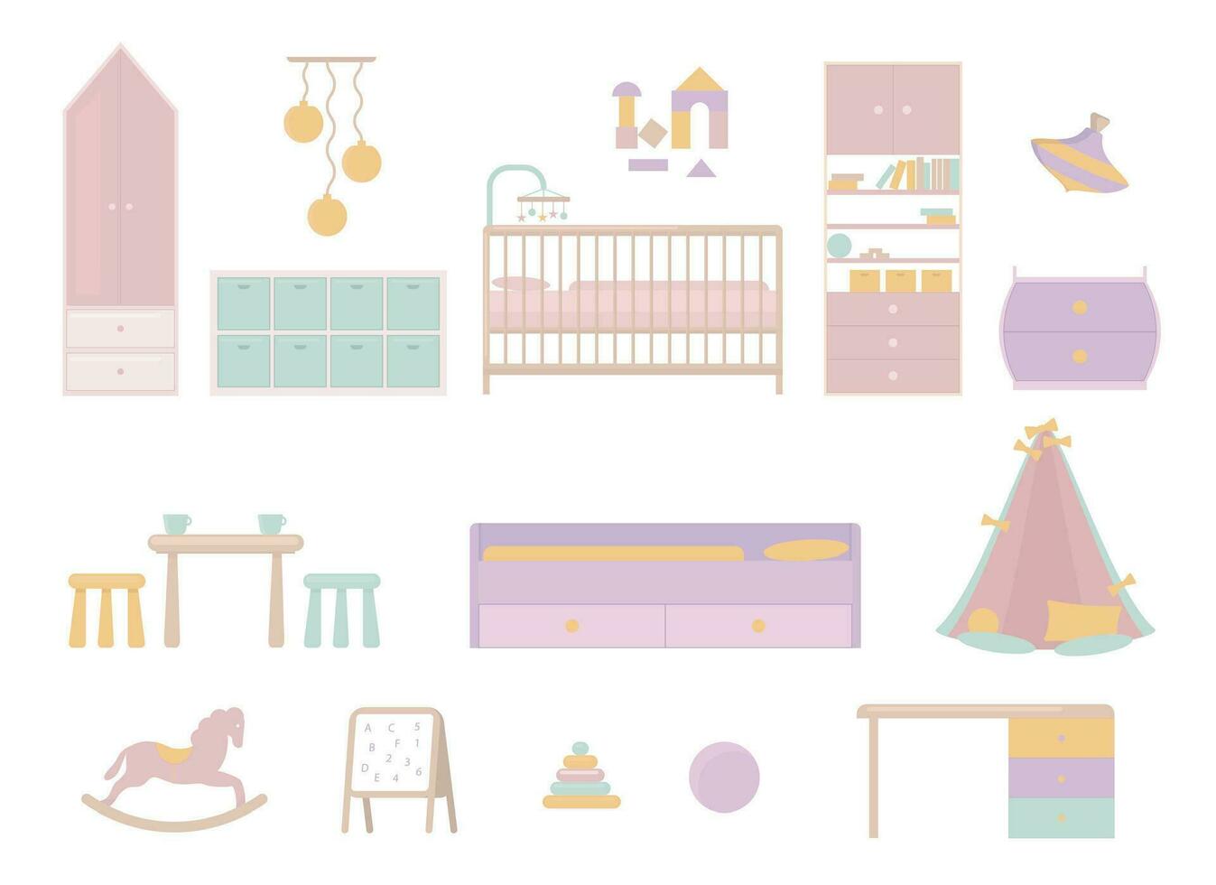 Cartoon Color Baby Bedroom Furniture Icons Set. Vector