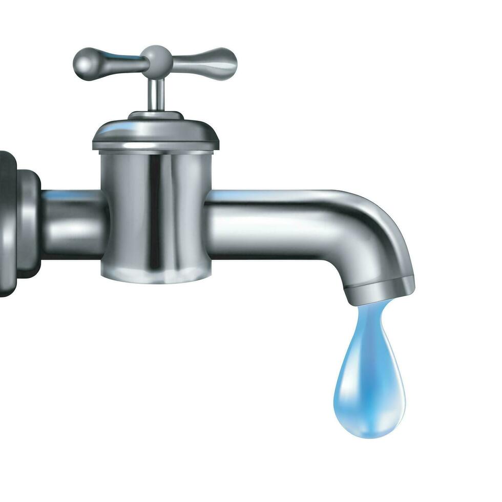 Realistic Detailed 3d Metal Water Tap with Blue Drop. Vector