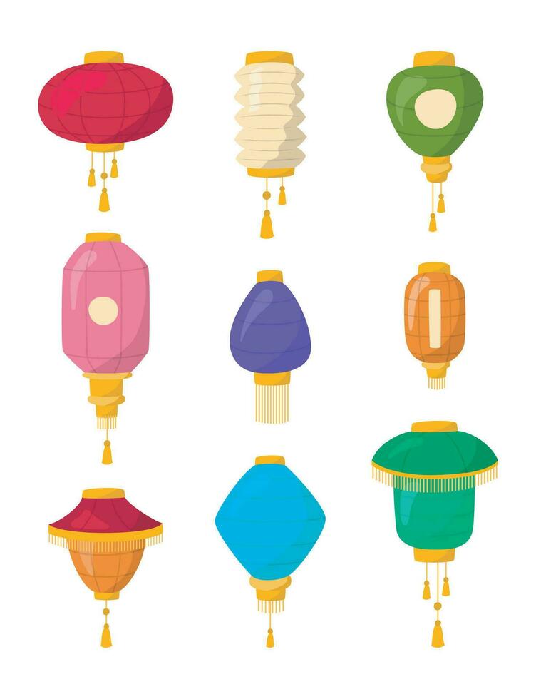 Cartoon Color Traditional Chineese Paper Lanterns Icons Set. Vector