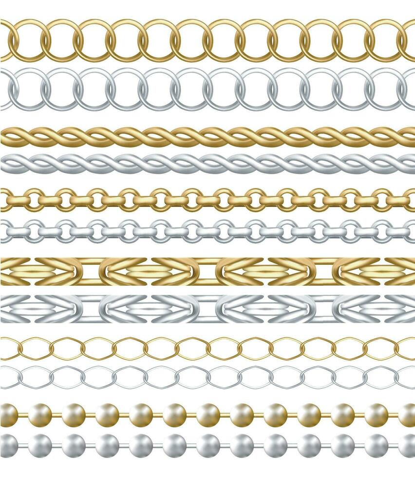 Realistic Detailed 3d Metallic Chains Set. Vector