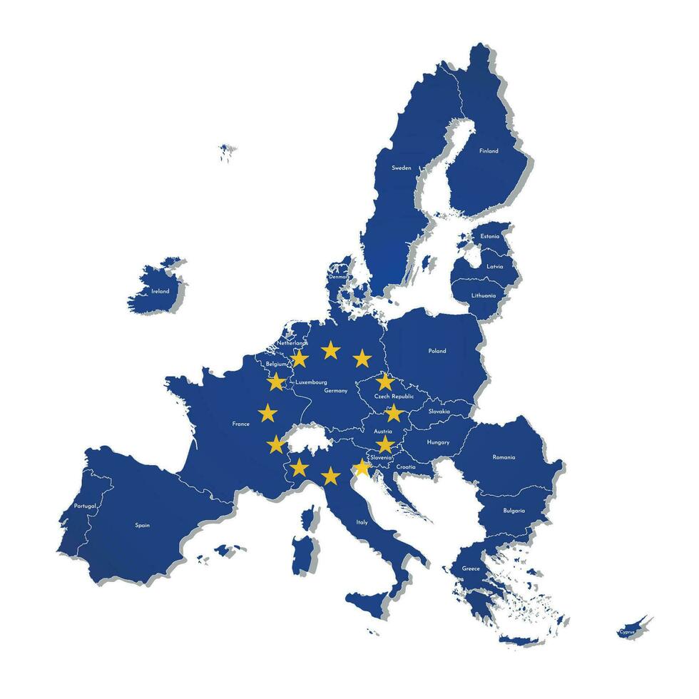 Vector illustration with isolated map of European Union and flag. Concept has state borders of countries - members of EU