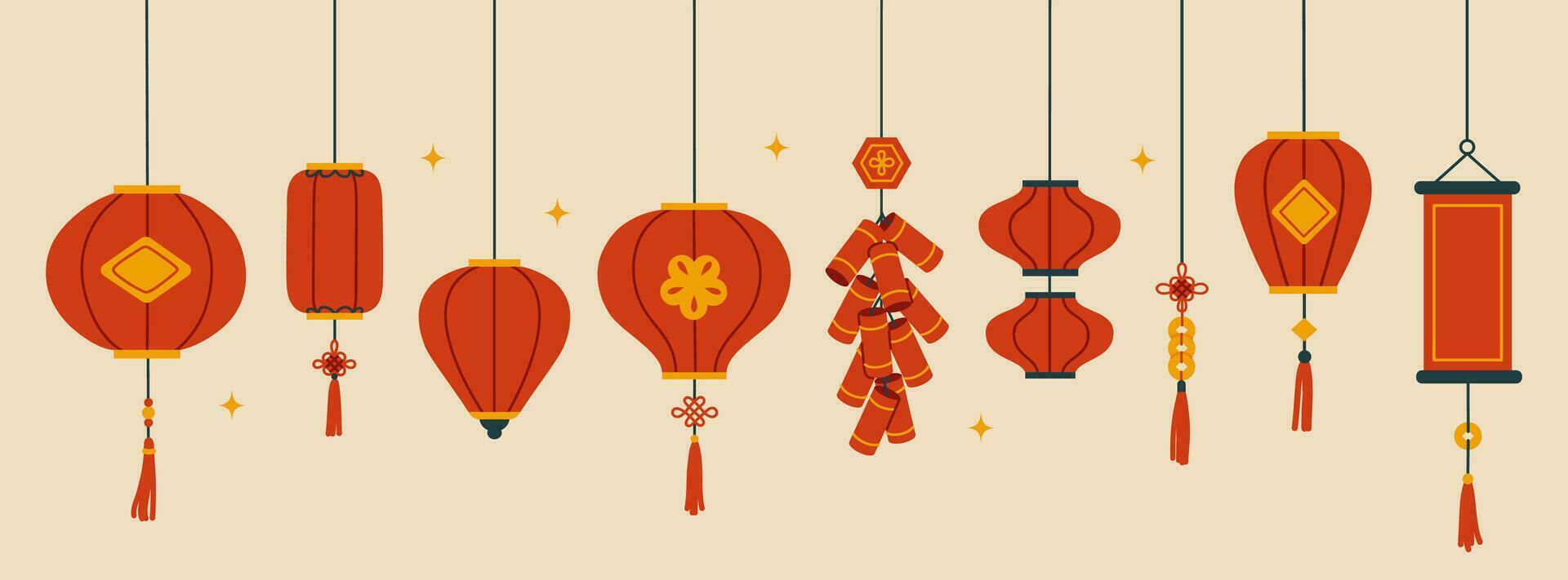 Collection of Chinese hanging lanterns. Decorations for the Chinese New Year. Vector flat illustration.