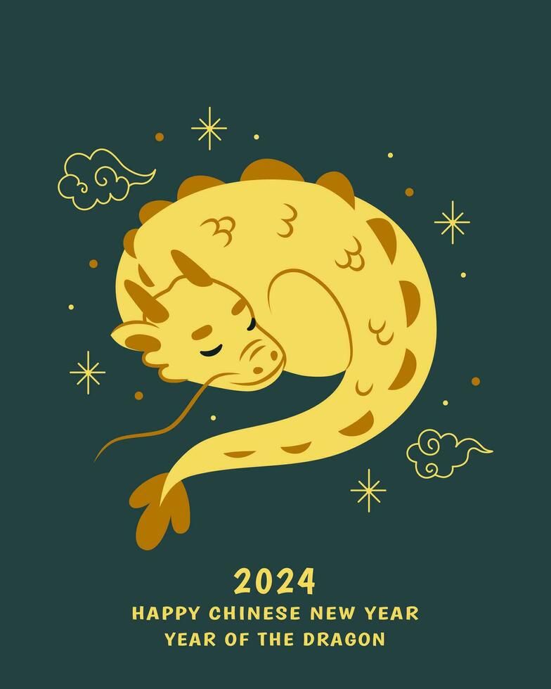 Happy Chinese new year greetings card. Year of the dragon 2024. Cute dragon sleeping. Vector illustration.