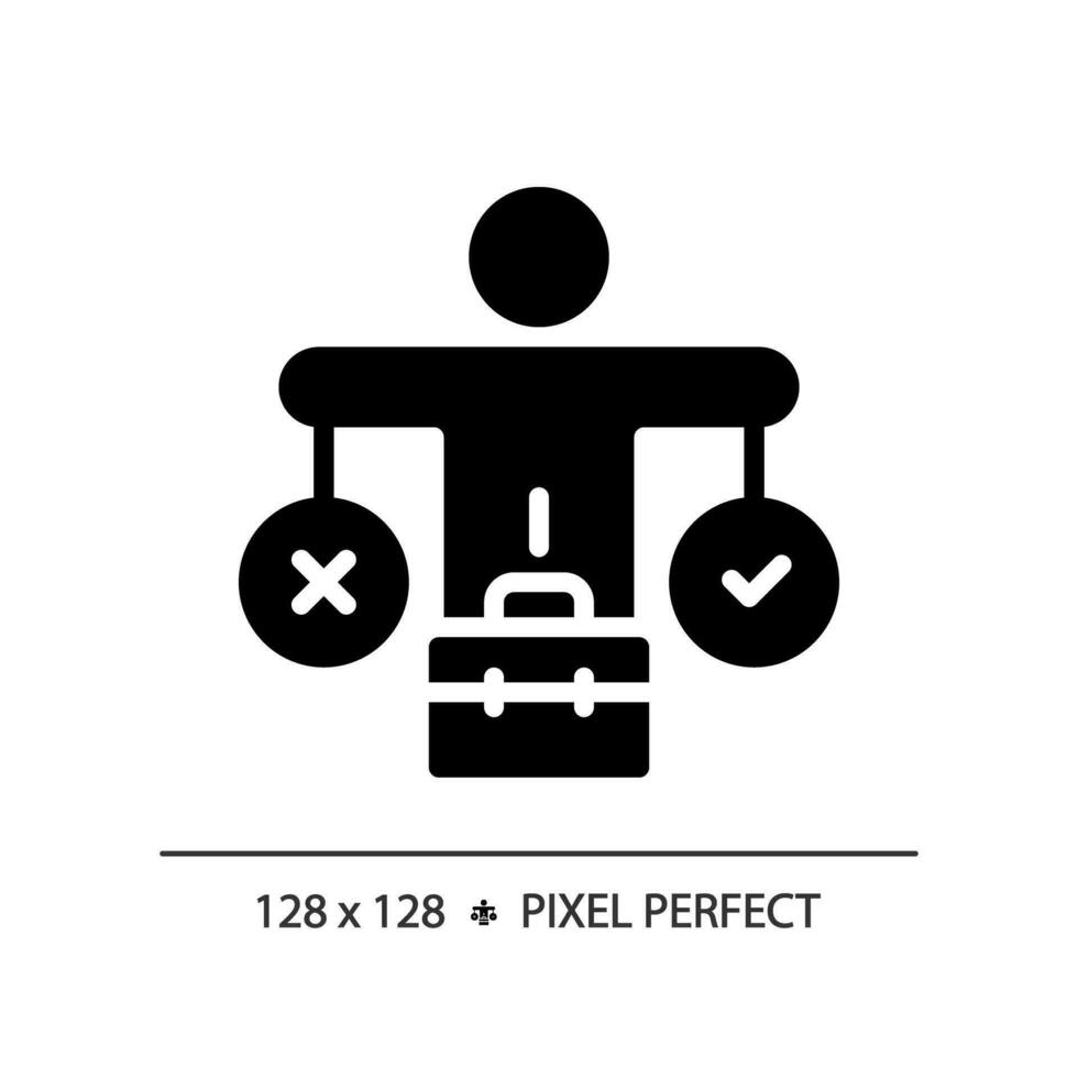 2D pixel perfect glyph style decision making icon, isolated vector, silhouette illustration representing soft skills. vector