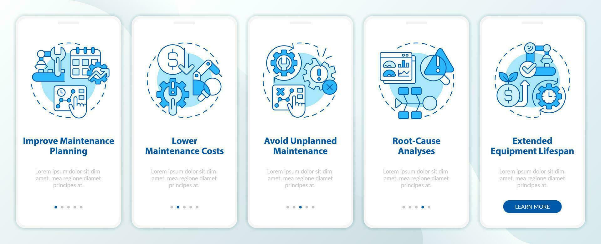 2D icons representing predictive maintenance mobile app screen set. Walkthrough 5 steps blue graphic instructions with simple thin linear icons concept, UI, UX, GUI template. vector