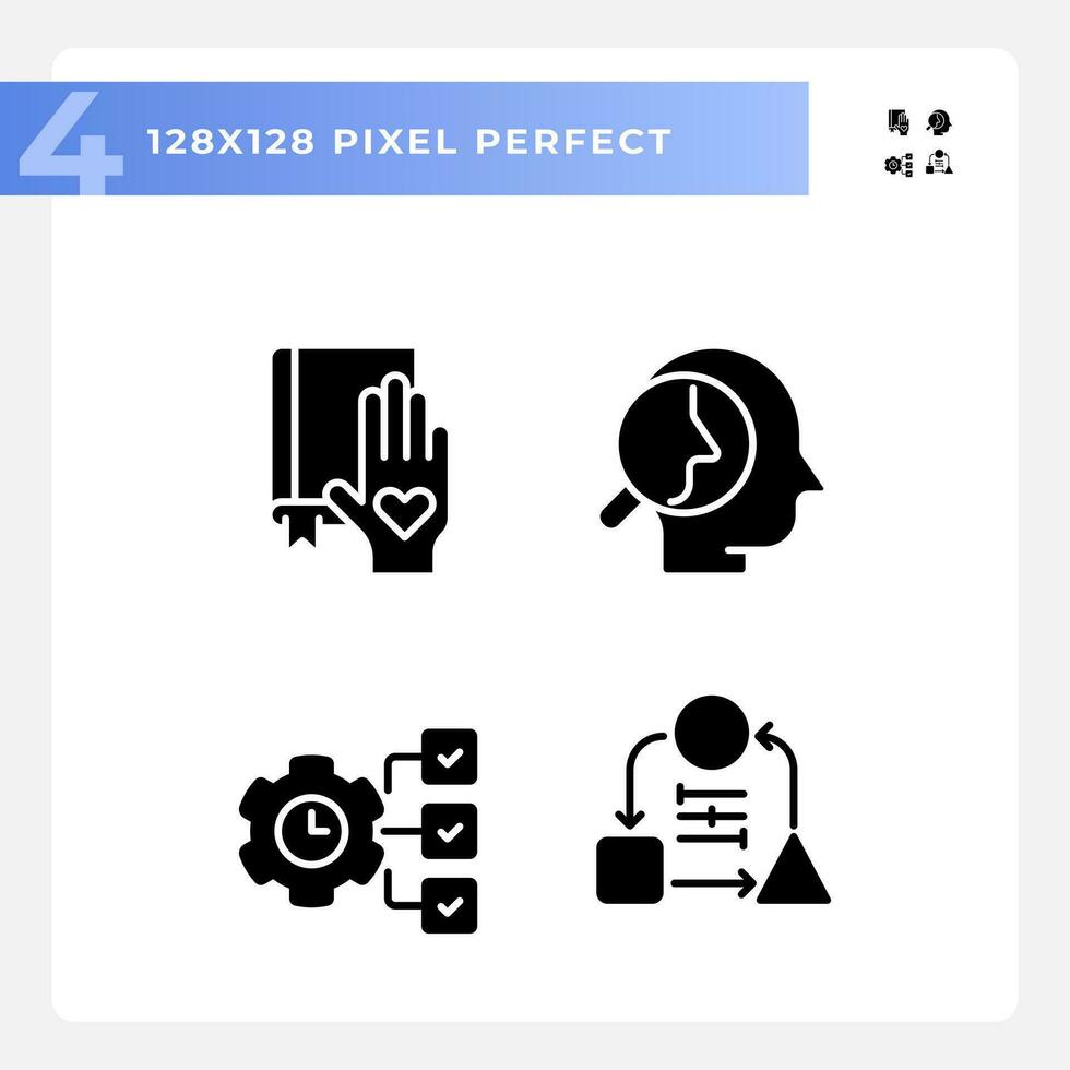Pixel perfect glyph style icons set of soft skills, black silhouette illustration. vector