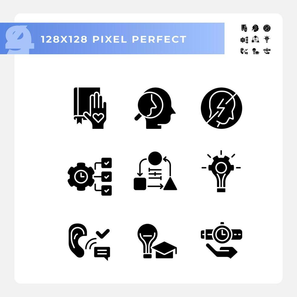 Pixel perfect glyph style icons representing soft skills, black silhouette illustration set. vector