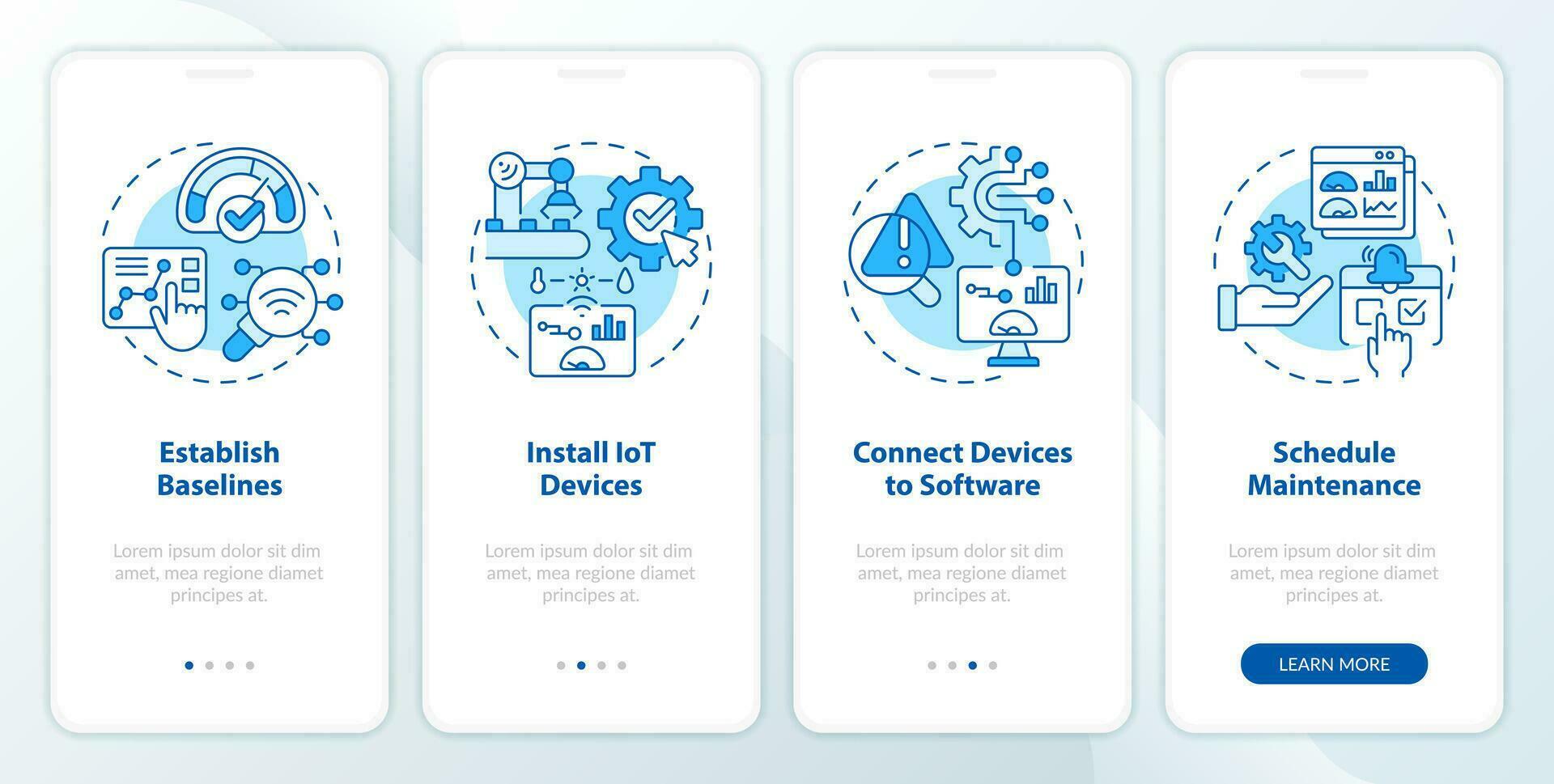 2D icons representing predictive maintenance mobile app screen set. Walkthrough 4 steps blue graphic instructions with thin line icons concept, UI, UX, GUI template. vector