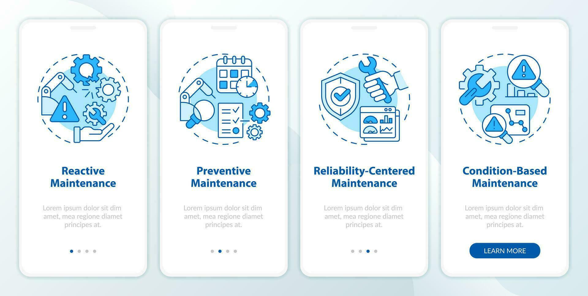 2D icons representing predictive maintenance mobile app screen set. Walkthrough 4 steps blue graphic instructions with line icons concept, UI, UX, GUI template. vector
