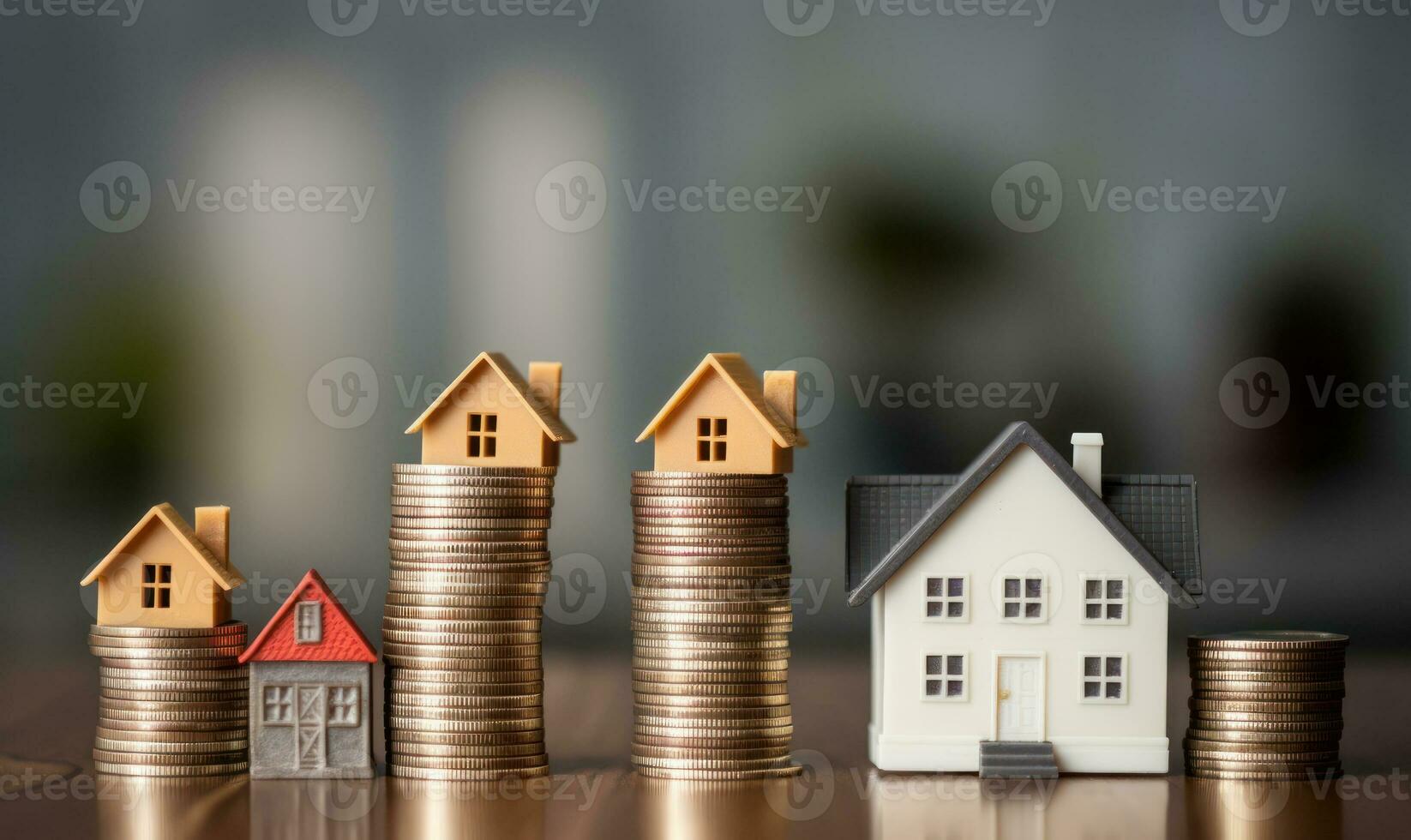stack of coins increasing in height beside a miniature house model AI Generated photo