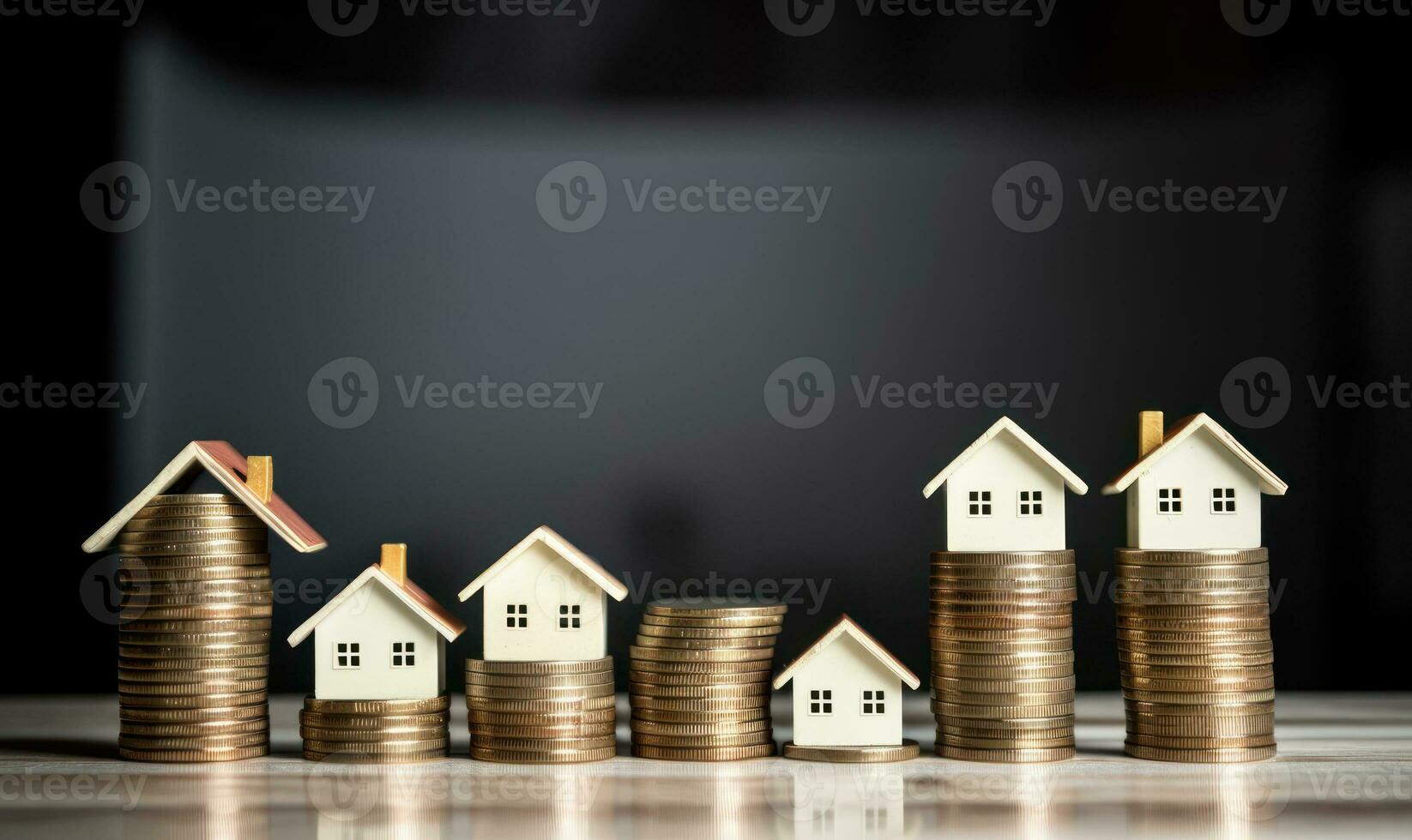 stack of coins increasing in height beside a miniature house model AI Generated photo