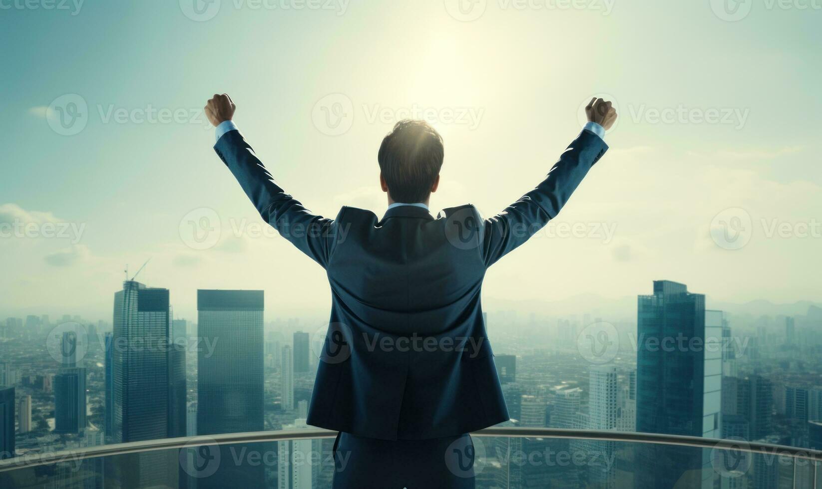 Successful businessman raising arms like a winner standing on roof of office building with city view AI Generated photo