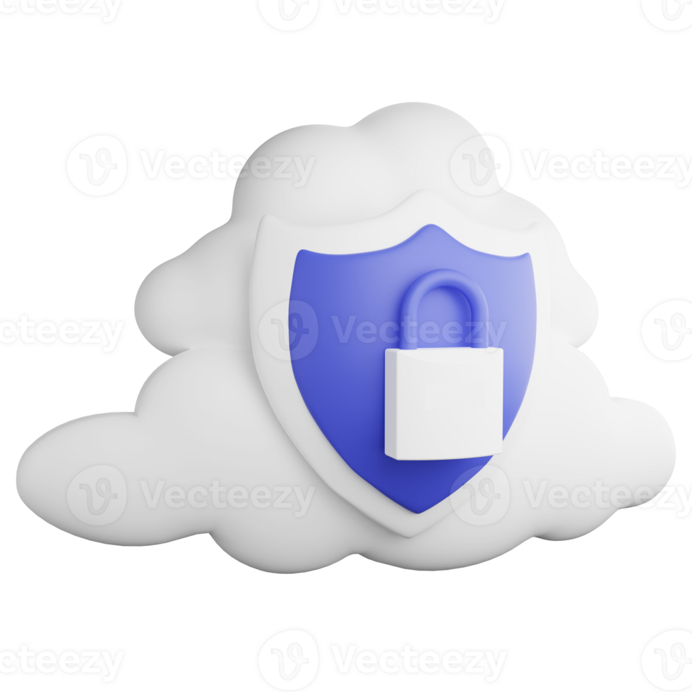 Cloud security clipart flat design icon isolated on transparent background, 3D render technology and cyber security concept png