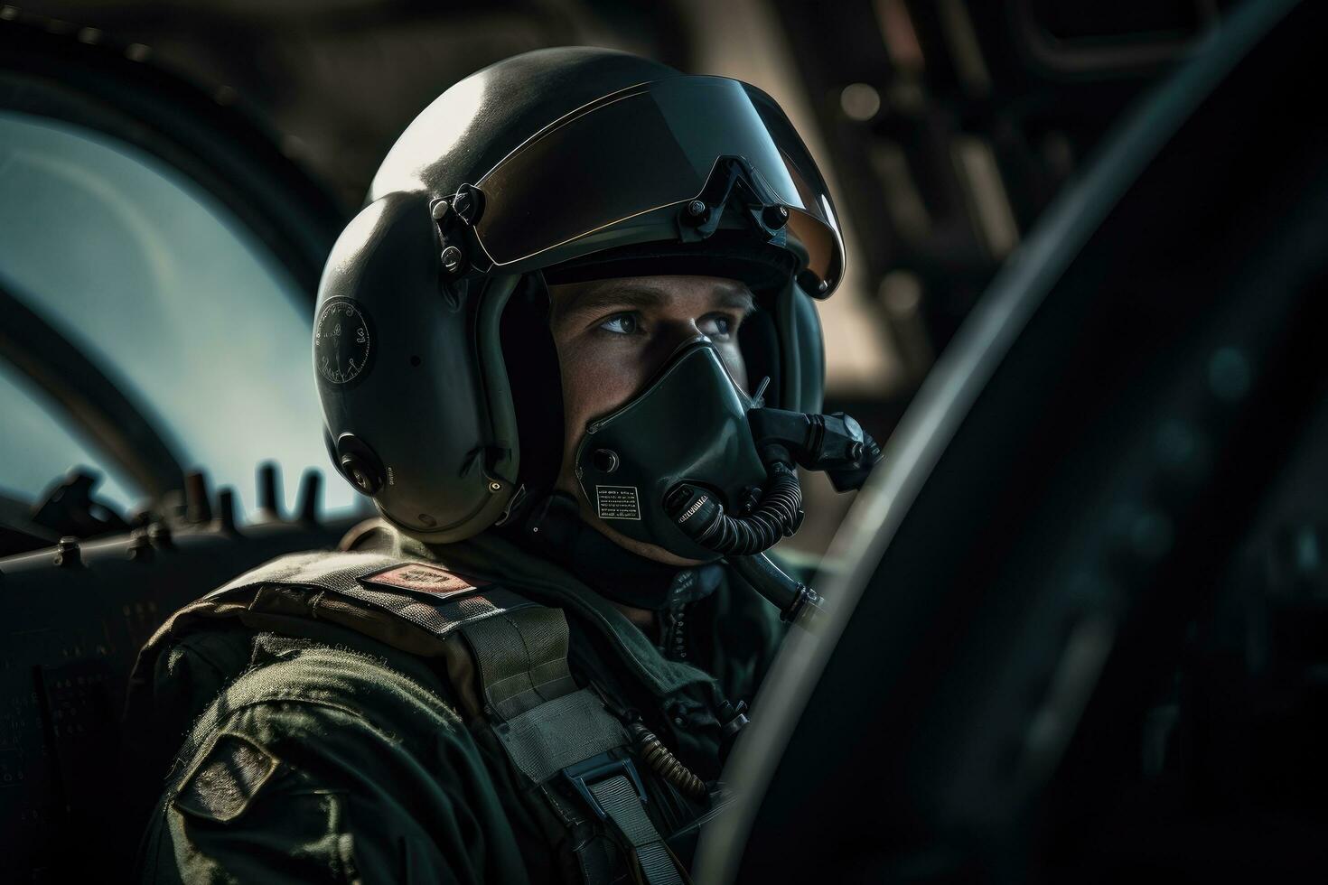 retrato de un especial efectivo soldado en el cabina de un militar aeronave, un orientado arriba combatiente piloto sentado en un aeronave, ai generado foto