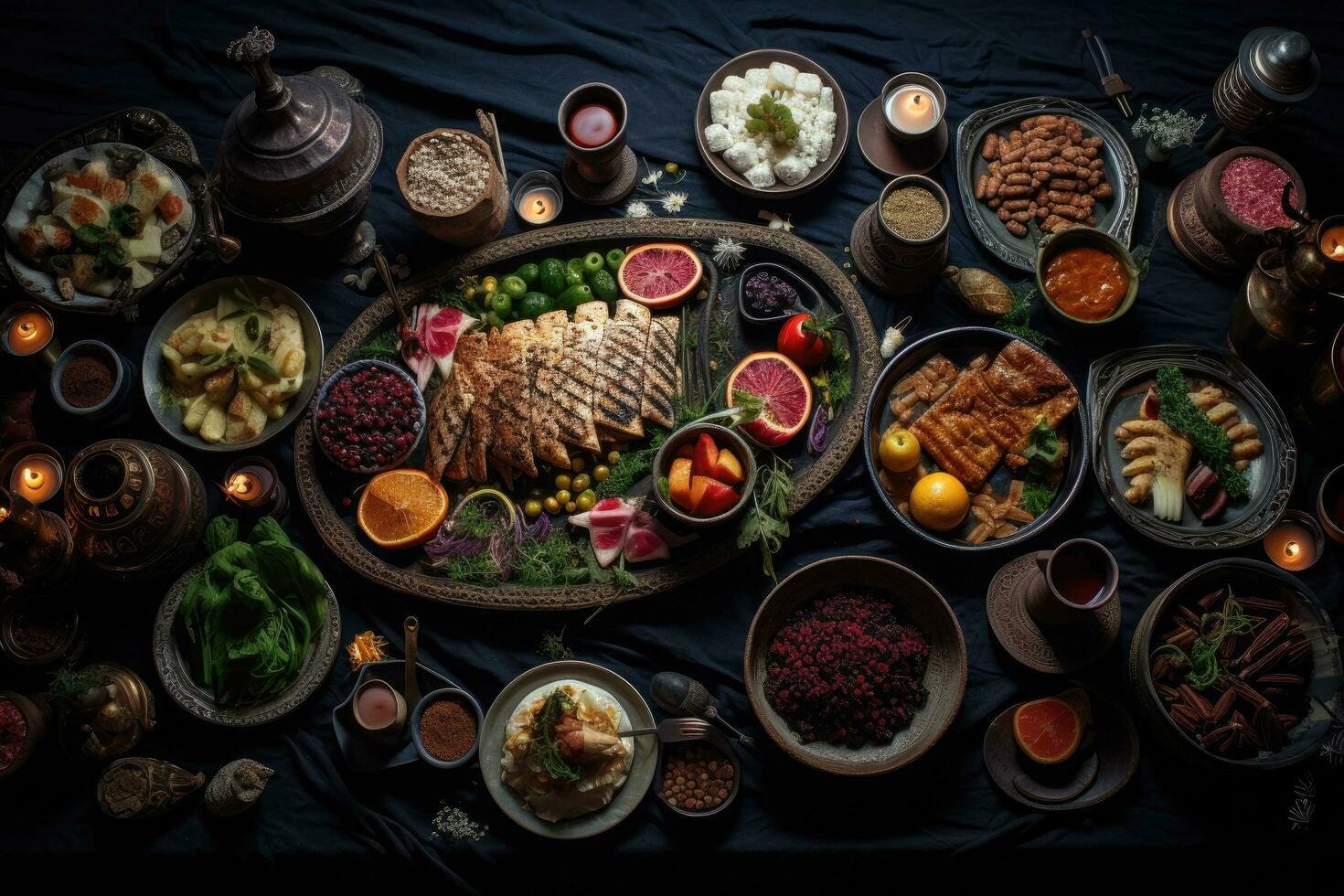 Traditional Turkish and Greek dinner appetizer table with meat, vegetables and fruits, Delicious food for a Ramadan feast in the table, top view, AI Generated photo